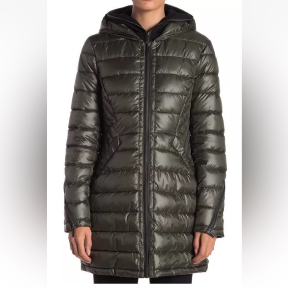 French Connection Black and Green Quilted Puffer Jacket Coat